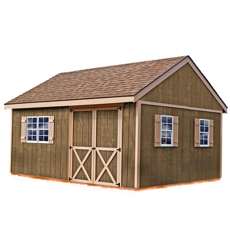 an image of a small storage shed with windows on the front and side doors open