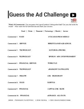 a white sheet with the words guess the ad challenge on it