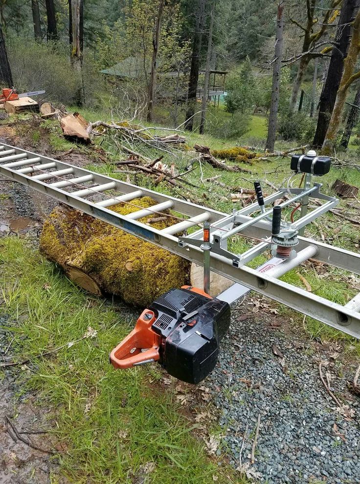 a chainsaw is laying on the ground next to a fallen tree