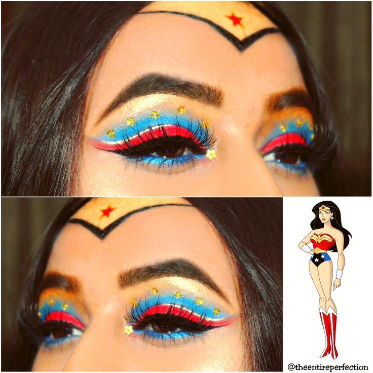 Wonder Woman (DC Comics) Inspired Makeup Wonder Women Makeup Ideas, Super Woman Makeup Halloween, Wonder Woman Eye Makeup, Hero Makeup Ideas, Superhero Inspired Makeup, Wonder Woman Costume Makeup, Superwoman Makeup Halloween, Super Girl Makeup Halloween, Wonder Woman Makeup Tutorial