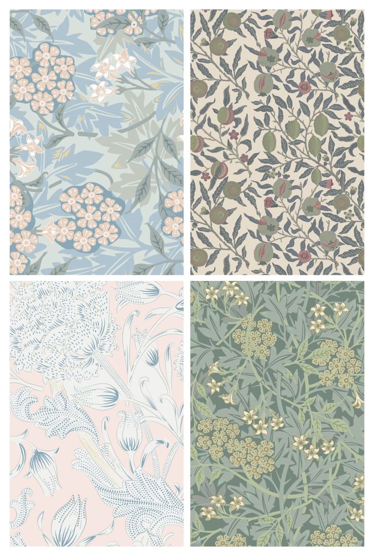 four different wallpapers with flowers and leaves on them, all in pastel colors