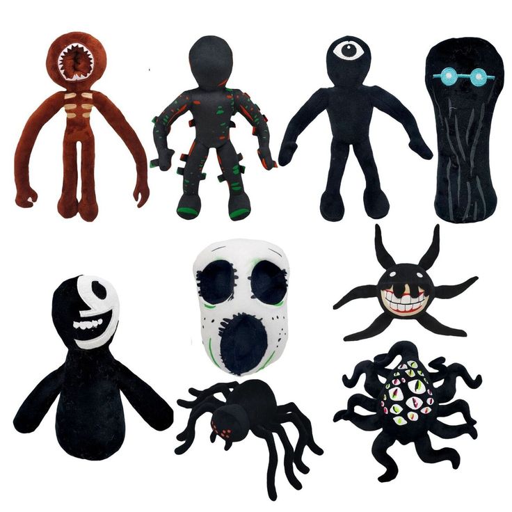 several different types of stuffed toys are shown in this image, one is black and the other is white