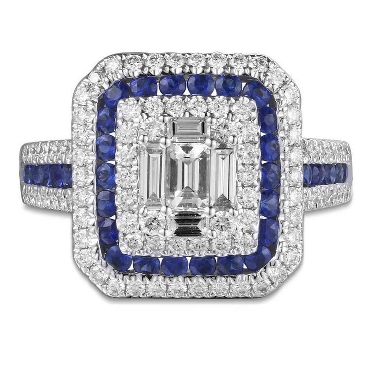 Dazzle everyone around you whenever you are wearing this mesmerizing sapphire and diamond ring. It looks so royal, and that is exactly what you will feel whenever you slip it on.Metal: 18K White GoldRound 92 Diamond Weight: 0.67ctw , 3 Emerald cut 0.34ctwDiamond Shapes: Rounds, Emerald Cut Sapphires 32: 0.71ct t.w. Octagon Width: 15 mm Estimated production time is 4 - 5 weeks Octagon Ring, Sapphire And Diamond Ring, Diamond Art, Deco Style, Emerald Cut, Art Deco Fashion, Diamond Shapes, Sapphire Ring, Diamond Ring