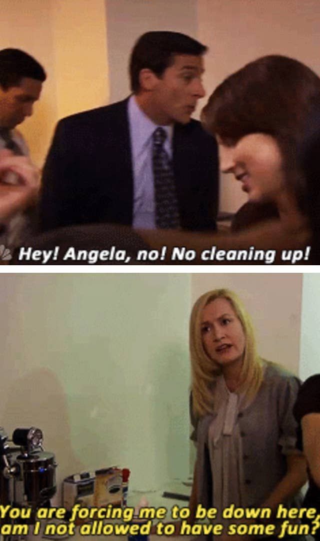 two people talking to each other in front of a tv screen with the caption hey angela, not no cleaning up