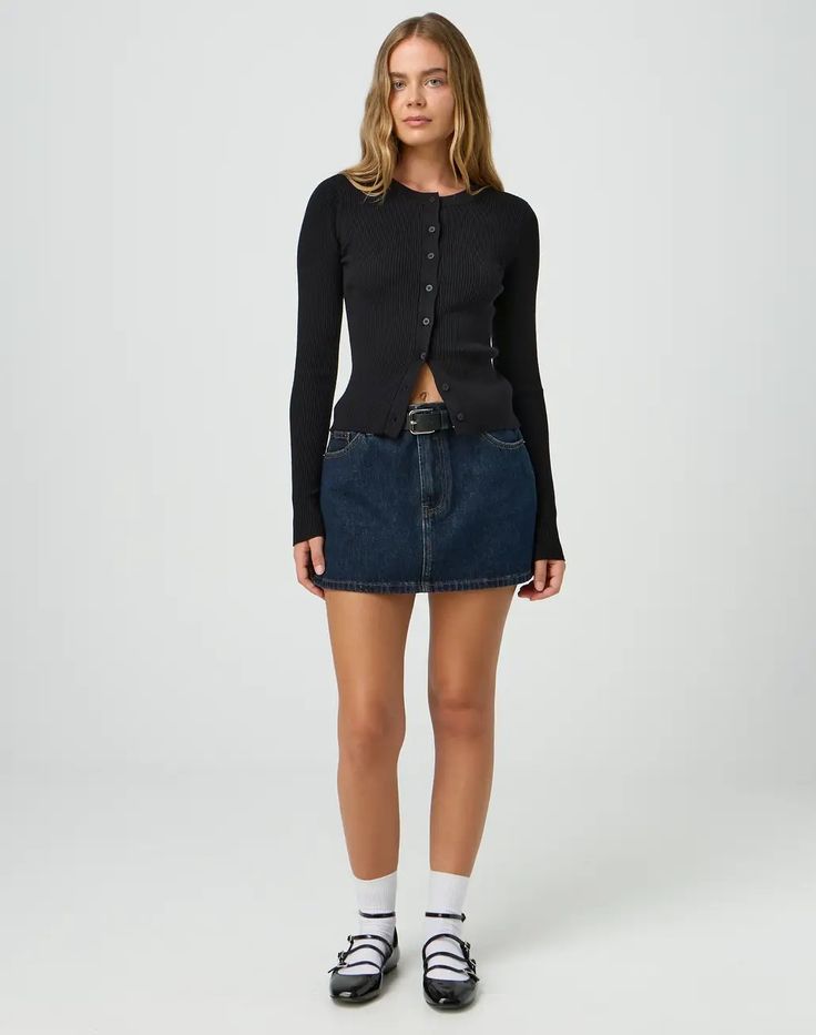 Low Rise Denim Mini Skirt in Indigo Jones | Glassons Dark Denim Mini Skirt, Dark Denim Mini Skirt Outfit, Boots And Mini Skirts Outfits, Black Shirt And Skirt Outfit, Dark Jean Skirt Outfits, Polka Dot Mini Skirt Outfit, Short Black Denim Skirt Outfit, Low Waisted Skirt Outfits, Mini Jeans Skirt Outfit