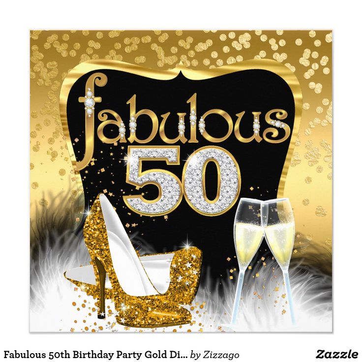 a 50th birthday card with gold glitter and high heel shoes, champagne glasses and sparkling confetti