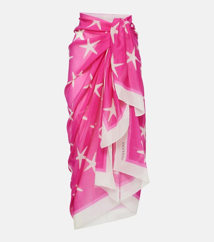 Printed cotton and silk beach cover-up in pink - Valentino | Mytheresa Cotton Cover-up For Poolside, Chic White Sarong For Spring, Cotton Sarong For Spring Beach Cover-up, Chic White Sarong For Summer, Summer Cotton Sarong For Beach, Silk Sarong For Beach Spring Season, Cotton Sarong For Poolside, Summer Beachwear Cotton Sarong, Summer Cotton Beachwear Sarong