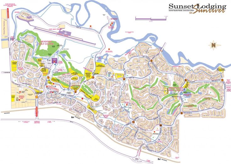 a map of sunset lodging resort in the middle of town, with lots of trees and buildings