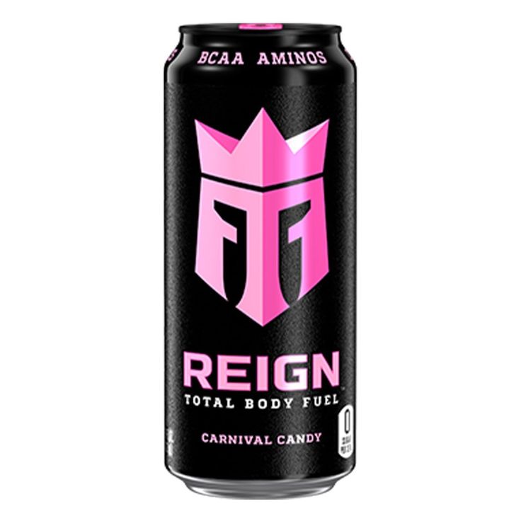 the can of reign total body fuel is pink and black with a crown on top