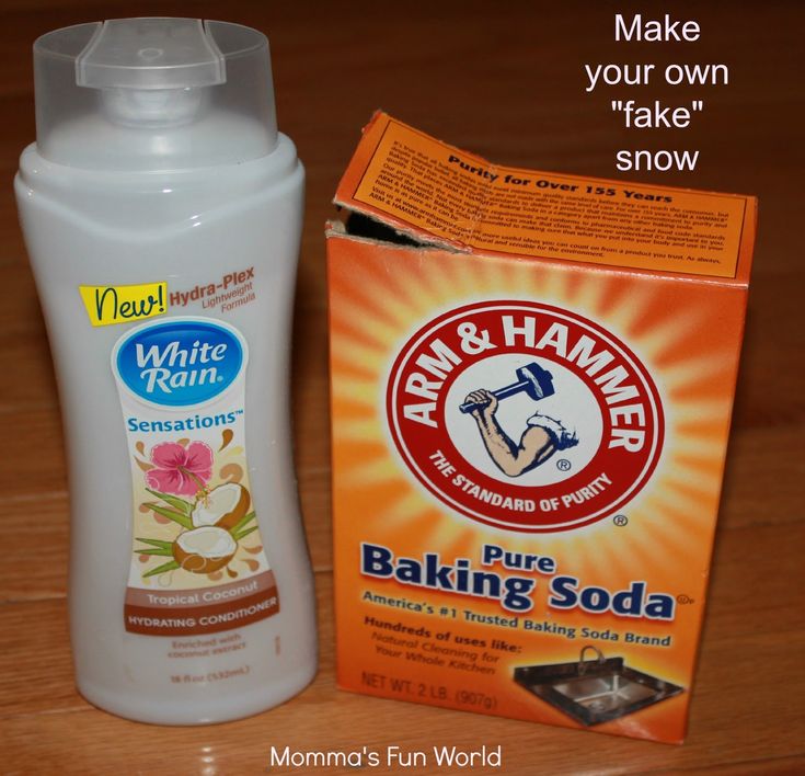 a bottle of baking soda next to a box of soap on a wooden table with the words, make your own take snow