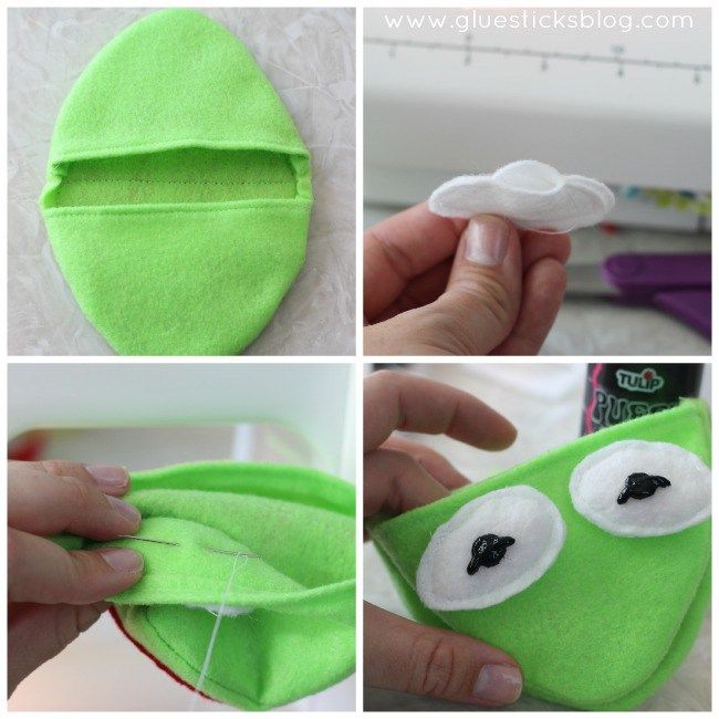 four pictures showing how to sew an owl pillow with buttons and eyeballs on it