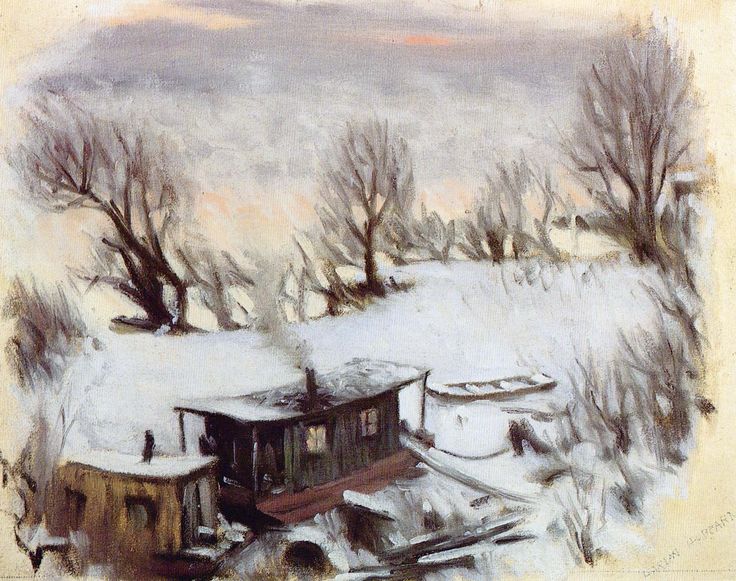 a painting of a house in the middle of a snowy field with trees and snow covered ground