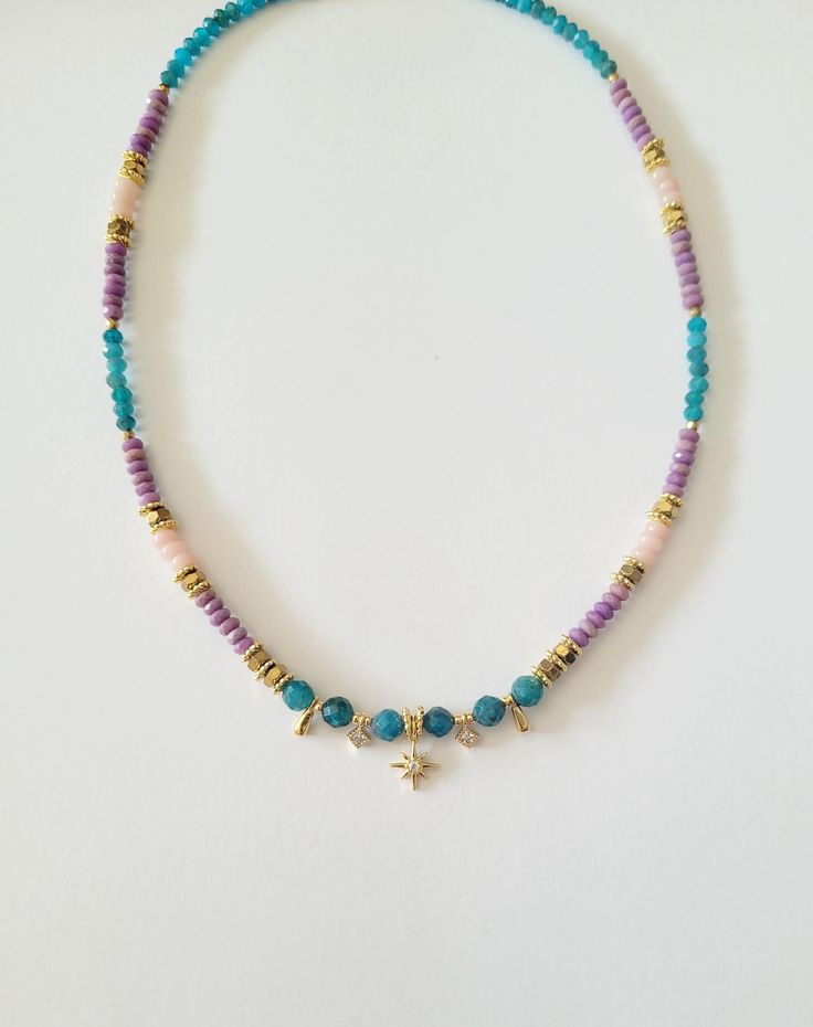 Necklace of Semi-precious Apatite, Lepidolite and Opal Pearls, Woman, Boho Chic, Gift - Etsy Bohemian Rondelle Beaded Necklaces As Gift, Purple Jewelry With Colorful Beads For Gift, Gift Purple Jewelry With Colorful Beads, Bohemian Rondelle Beaded Necklaces For Gifts, Handmade Purple Rondelle Jewelry, Bohemian Jewelry With Colorful Beads And Amethyst, Bohemian Amethyst Jewelry With Colorful Beads, Bohemian Amethyst Bracelet With Colorful Beads, Amethyst Beads For Jewelry Making