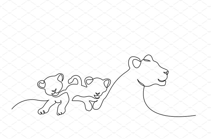 a lion and two cubs are depicted in this continuous line art drawing, which depicts the mother's love for her child