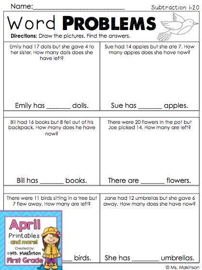 First Grade Subtraction Word Problems - Spring Math Printables ...