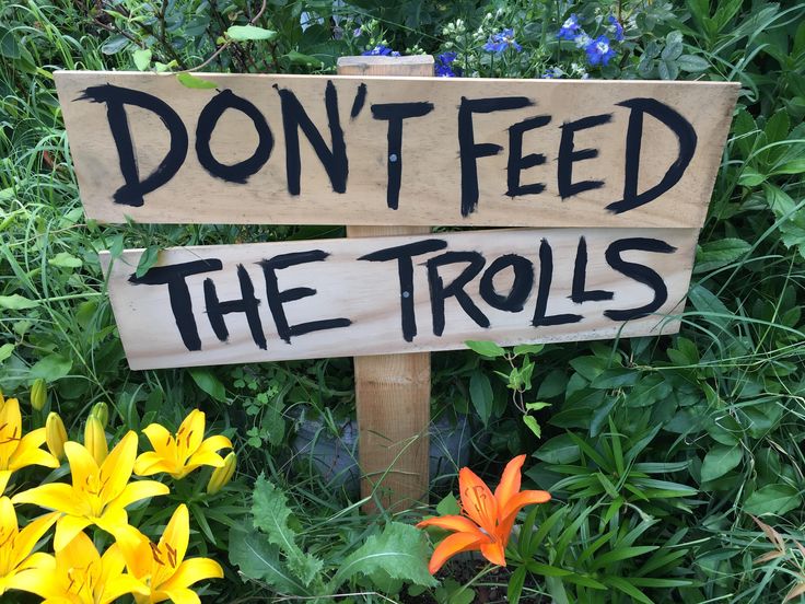 a sign that says don't feed the trolls in front of some flowers