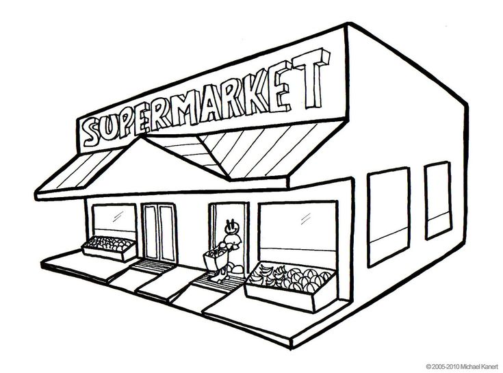 a drawing of a store front with the word supermarket on it's roof and windows