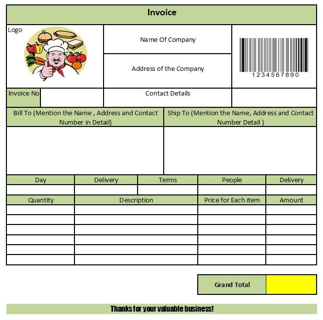 an invoice form with the image of a chef