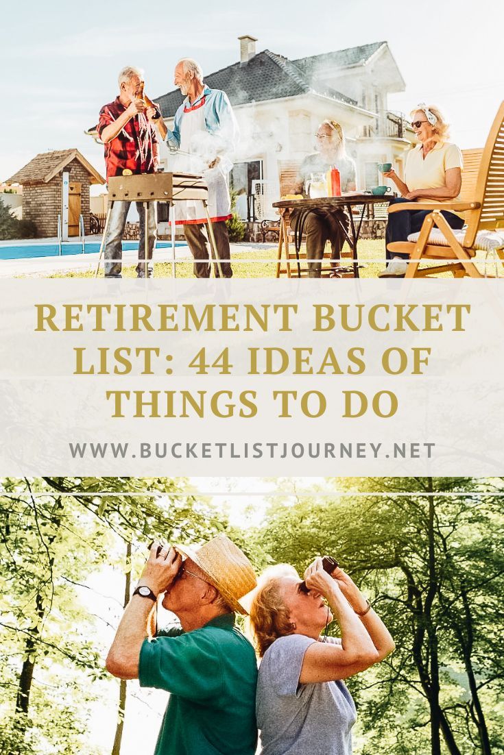 two people are standing in front of a house with the words retirement bucket list 4 ideas of things to do