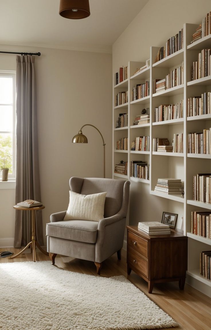 a living room filled with furniture and bookshelves full of bookcases next to a window