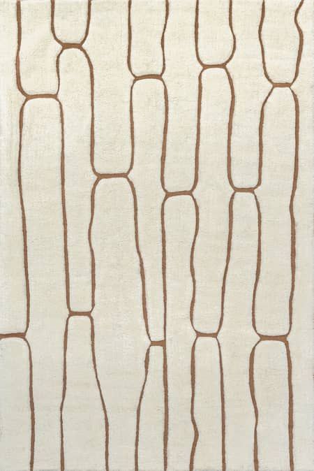 a white rug with brown lines on the bottom and sides, in an abstract manner