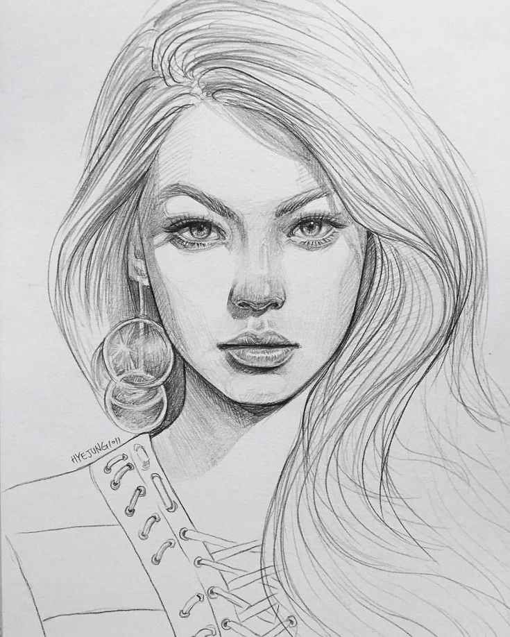 a pencil drawing of a woman's face with long hair and large hoop earrings