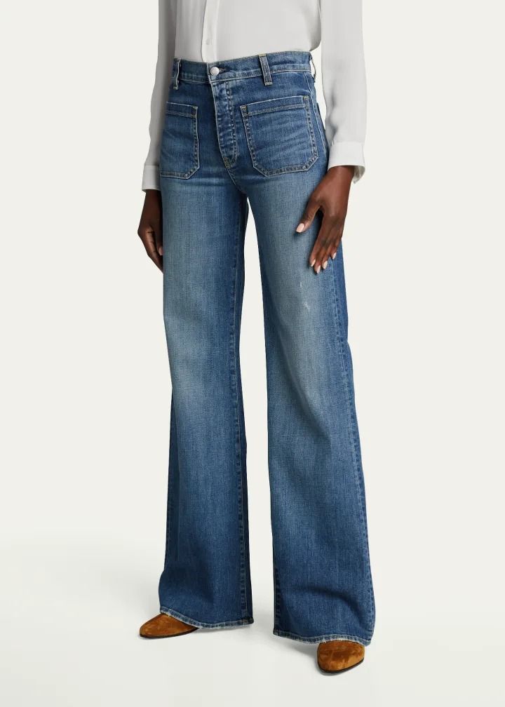 Nili Lotan Florence Denim Flare Jeans - Bergdorf Goodman High Rise Washed Blue Jeans With Patch Pockets, Faded High Waist Jeans With Five Pockets, Faded Denim Jeans With Patch Pockets, Faded Flare Jeans With Pockets In Rigid Denim, Dark Wash Full Length Flare Jeans With Belt Loops, Dark Wash Full-length Flare Jeans With Belt Loops, Full Length Medium Wash Flare Jeans With Belt Loops, Dark Wash Denim Flare Jeans With Patch Pockets, Denim Blue Full Length Flare Jeans