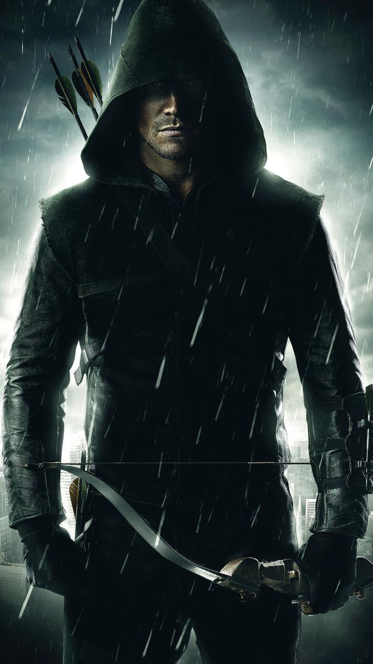 the character arrow is standing in the rain with his bow and arrow on his shoulder