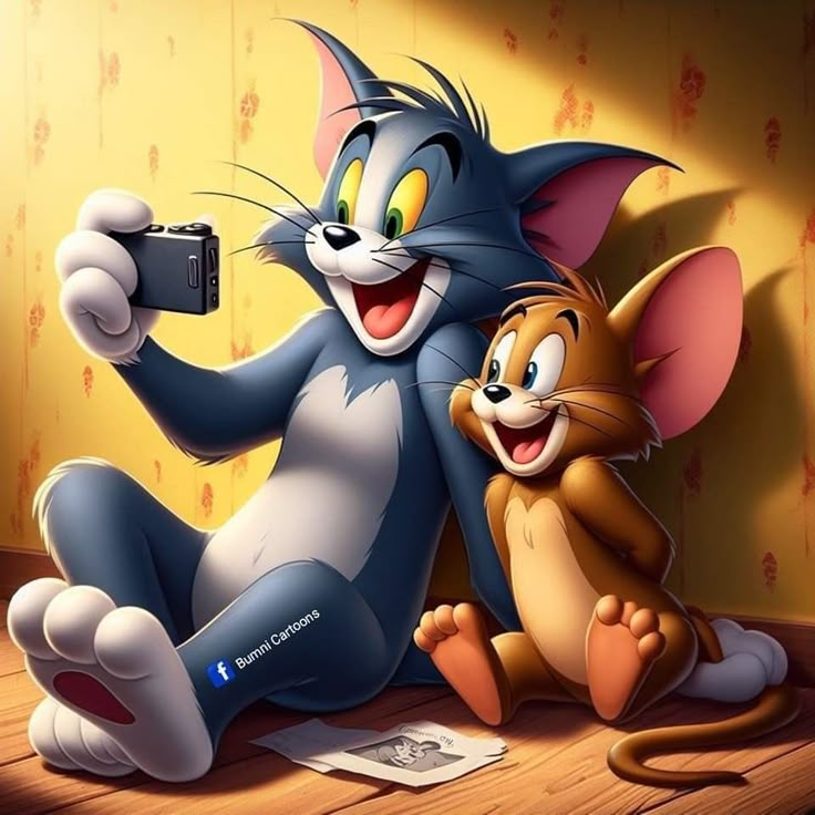 an image of a cartoon cat and mouse taking a selfie with a digital camera