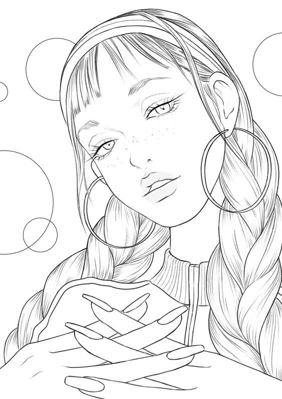 a drawing of a girl with long hair and large hoop earrings on her face, looking at the camera