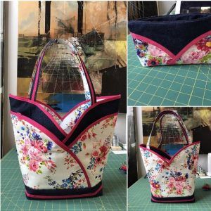 three pictures of the inside of a purse with flowers on it, and one showing how to sew