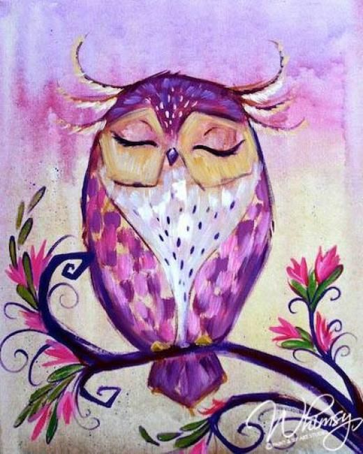 an owl sitting on top of a tree branch covered in pink and purple flowers with its eyes closed