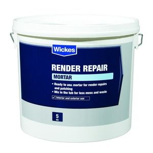 a bucket of white paint with the words, render repair mortar in blue on it