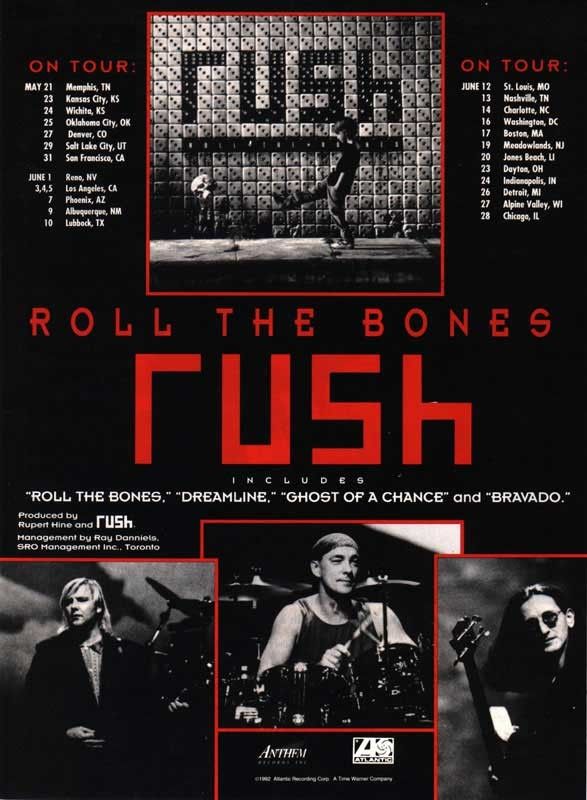 the poster for rush's roll the bones tour is shown in black and red