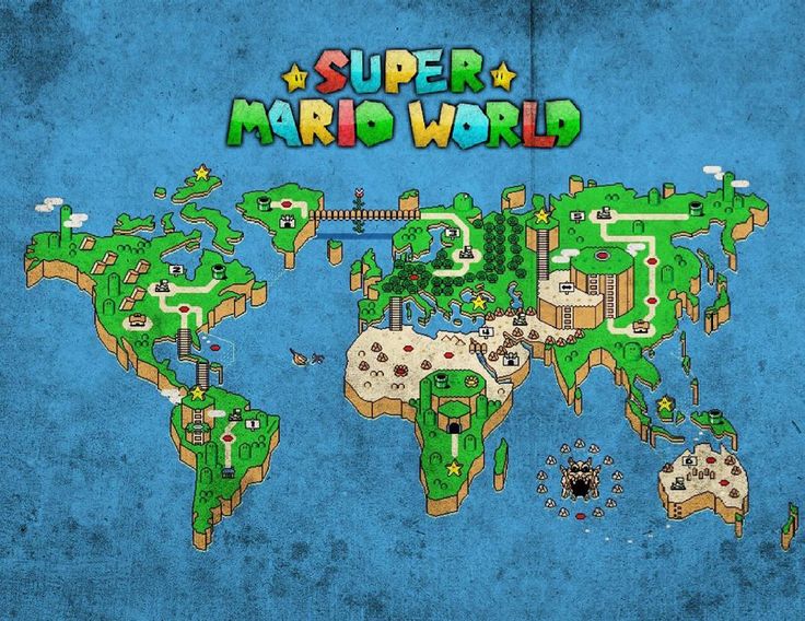 a map of the world made up of different types of land and water, with words super mario world written on it