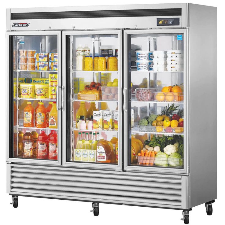 two glass door refrigerators filled with food and drinks on wheels, both open to show the contents