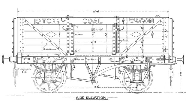 a drawing of the side view of a train car with wheels and spokes on it