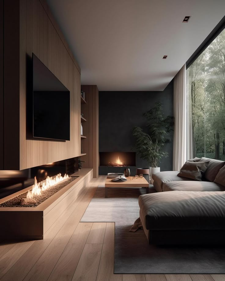 modern living room with fireplace and large windows