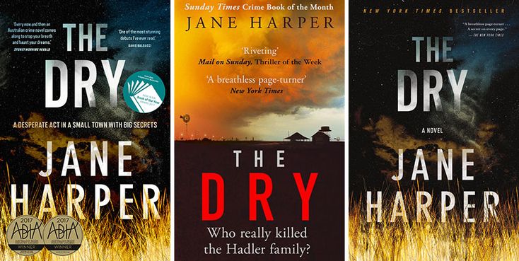 three book covers for the dry and the dry by jane harper, with an orange sky in the background