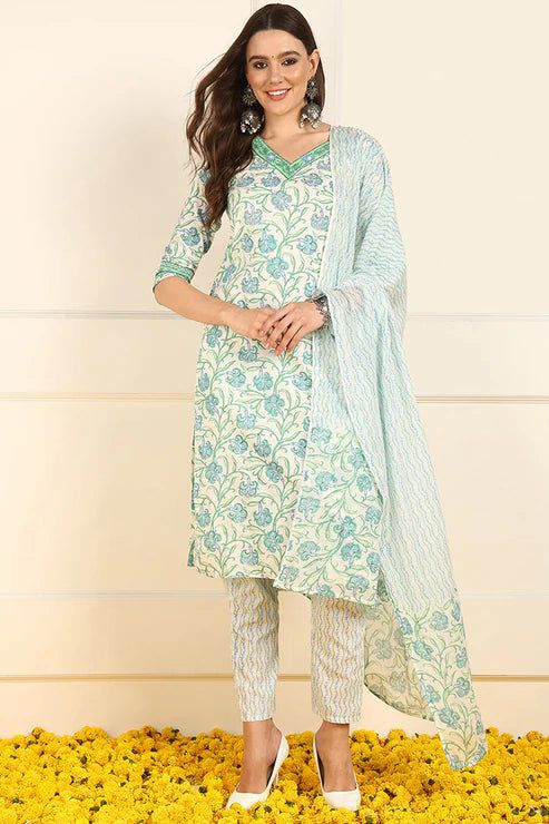 White & Blue Cotton Floral Print Straight Shape Suit Set with Dupatta Blue Floral Print Palazzo Set For Spring, Fitted Green Floral Print Palazzo Set, Spring Blue Floral Print Palazzo Set, Traditional Green Pant Set For Spring, Green Long Sleeve Anarkali Set With Floral Print, Green Anarkali Set With Floral Print And Long Sleeves, Green Floral Print Long Sleeve Anarkali Set, Green Festive Pant Set For Spring, Green V-neck Set For Diwali