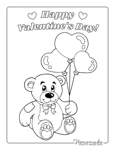 valentine's day coloring page with a teddy bear holding two heart ...