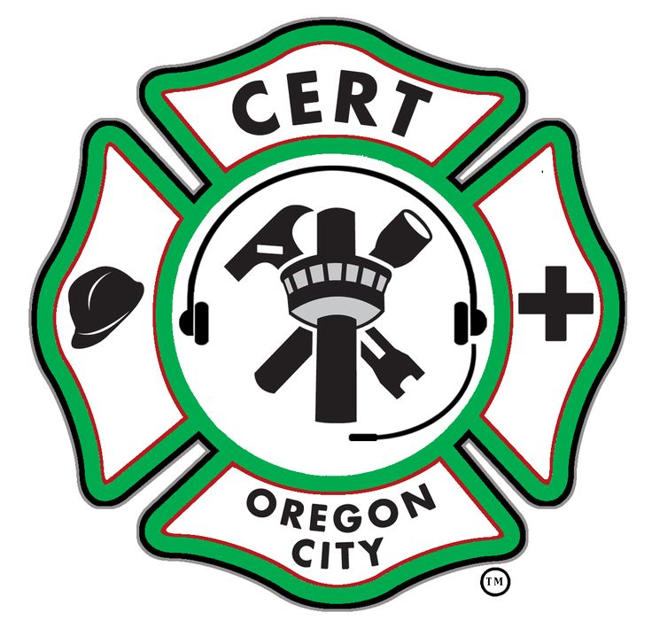 the logo for cert oregon city, with two firetrucks on it