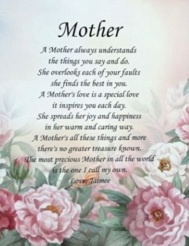 a mother poem with pink flowers on it