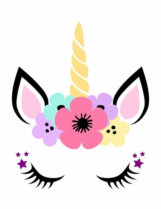 a unicorn's face with flowers and stars on the forehead is shown in pink, blue