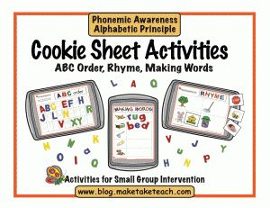 cookie sheet activities for children to practice letter recognition and spelling with the abc order, rhyme, making words