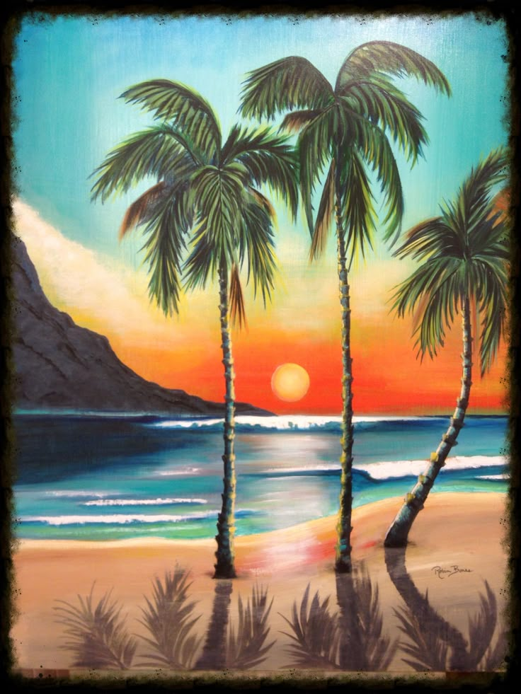 an image of a painting with palm trees on the beach and sunset in the background