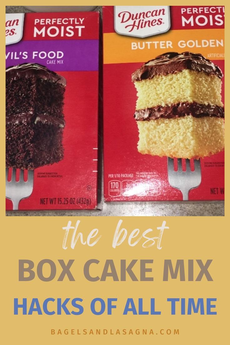 two boxes of cake mix sitting on top of a counter next to each other with the words, the best box cake mix hacks of all time