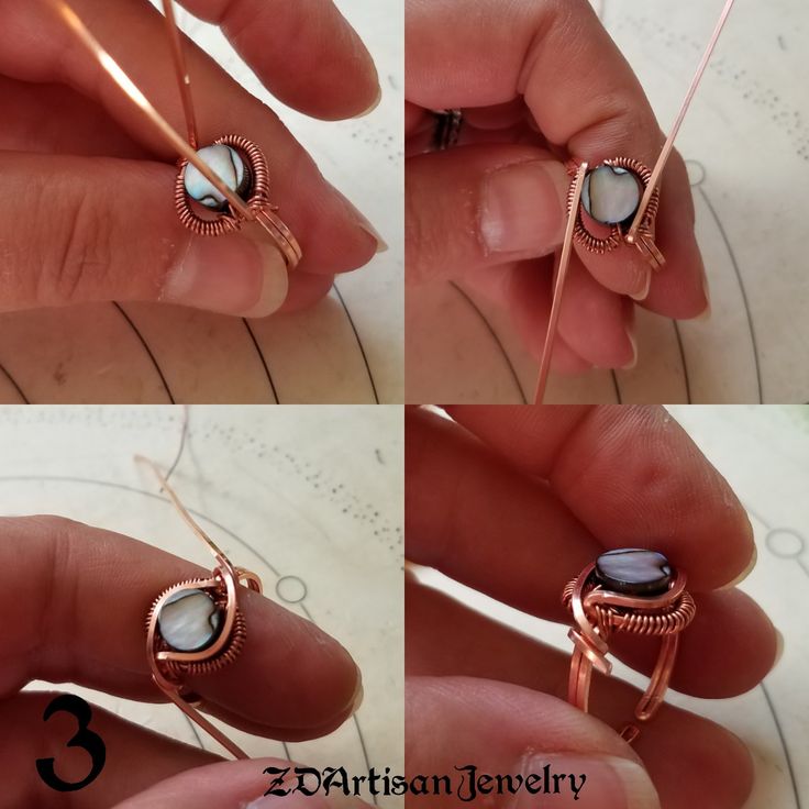 four pictures showing how to make wire wrapped ring with agate stone in the middle