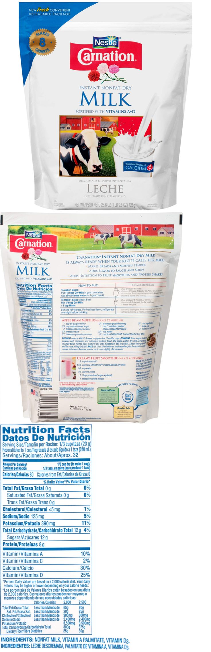 a bag of milk next to an envelope with information about the product and label on it