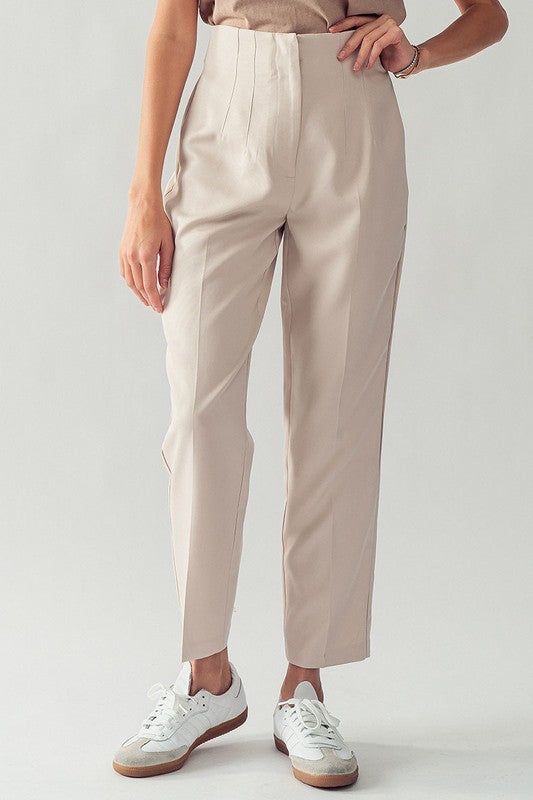 Discover the essence of elegance and comfort with our high-waist pleated casual pants from China. Adorned with a sophisticated hook closure, these pants seamlessly blend style and practicality. The high waist accentuates your silhouette, while the pleats add a touch of sophistication, making these pants a versatile choice Summer Pleated Workwear Pants, Formal Summer Bottoms With Pleated Waist, Spring Solid Bottoms With Pleated Waist, Spring Bottoms With Pleated Waist, High-waisted Pleated Summer Pants, Summer High-waisted Pants With Pleated Waist, Summer High-waisted Pleated Waist Pants, Elegant Business Casual Bottoms With Elastic Waistband, Elegant Business Casual Pants With Pleated Waist